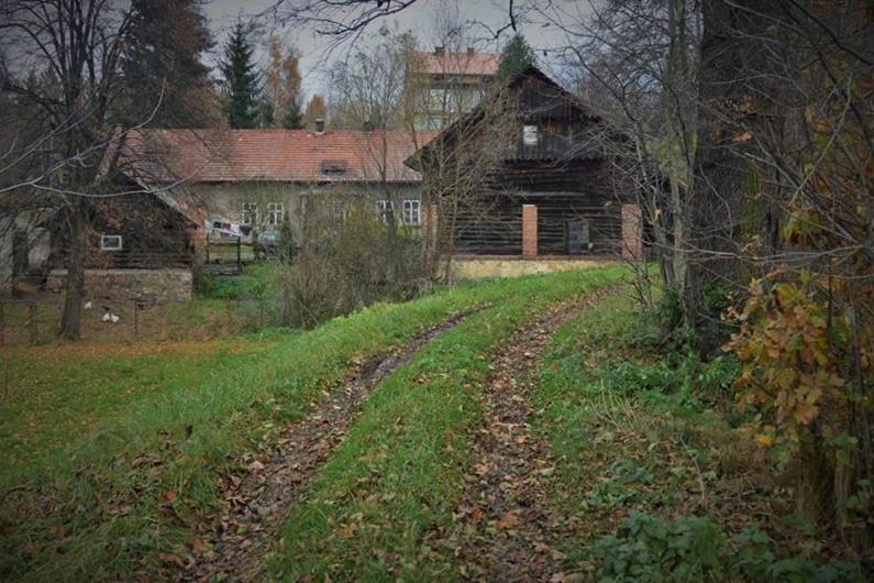 Zagroda młynarska - widok z grobli stawu.JPG